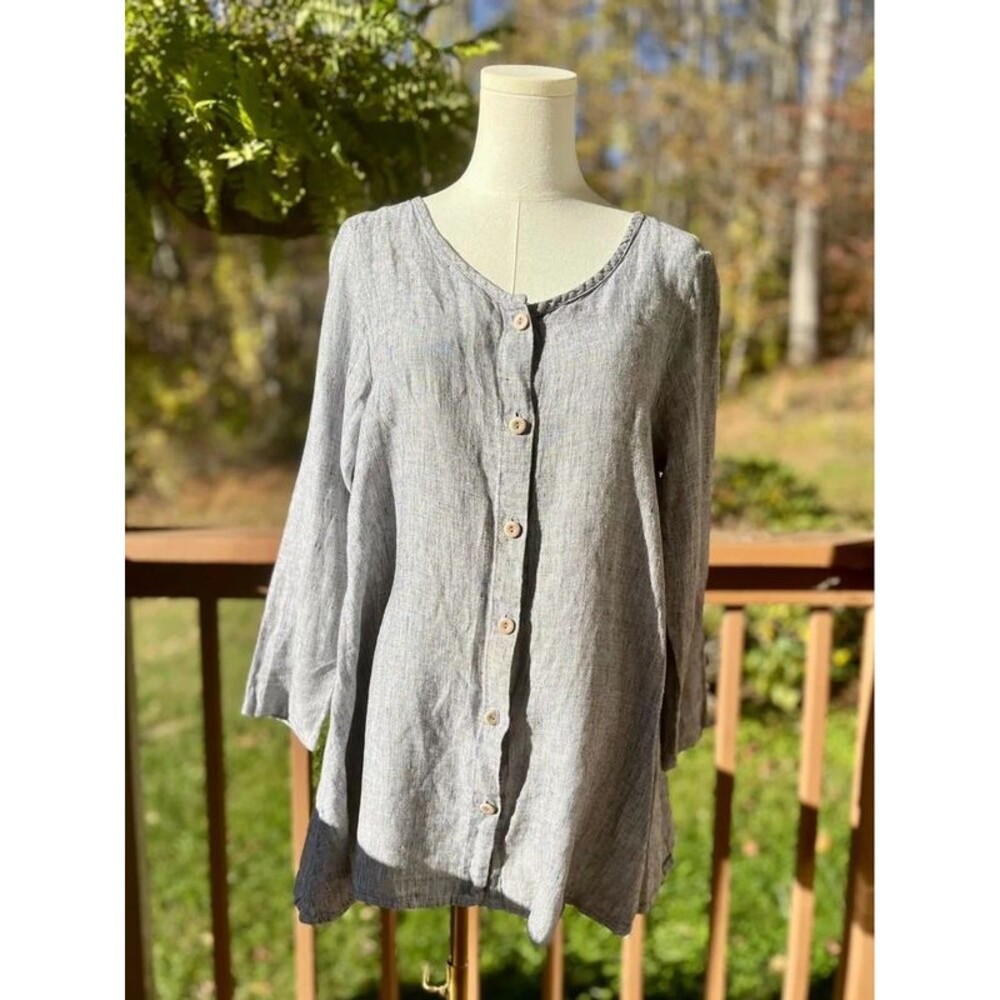 FLAX 100% Linen Gray Button Front Tunic Top M Lagenlook Made in Lithuania